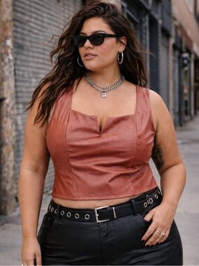 Torrid Faux Leather Crop Top Size 4 (4X) Plus Brown Edgy Moto Bustier